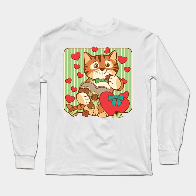 Valentine Cat Heart Chocolate Long Sleeve T-Shirt by Sue Cervenka